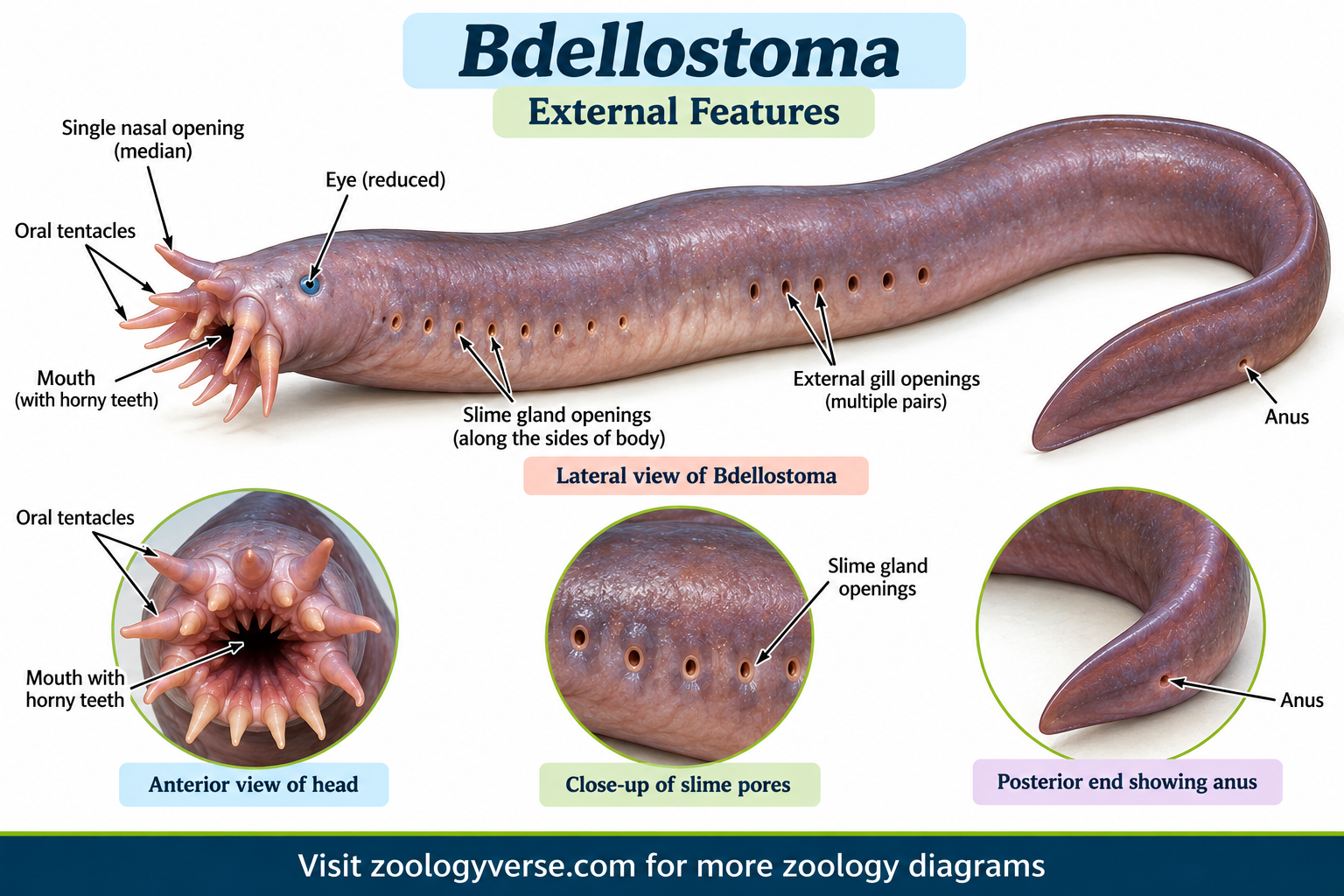 Bdellostoma Classification: Hagfish Features & Identification | Zoologyverse External features of Bdellostoma showing characteristics of Bdellostoma, identification of Bdellostoma, oral tentacles, single nasal opening, reduced eye, slime gland openings, external gill openings, and anus