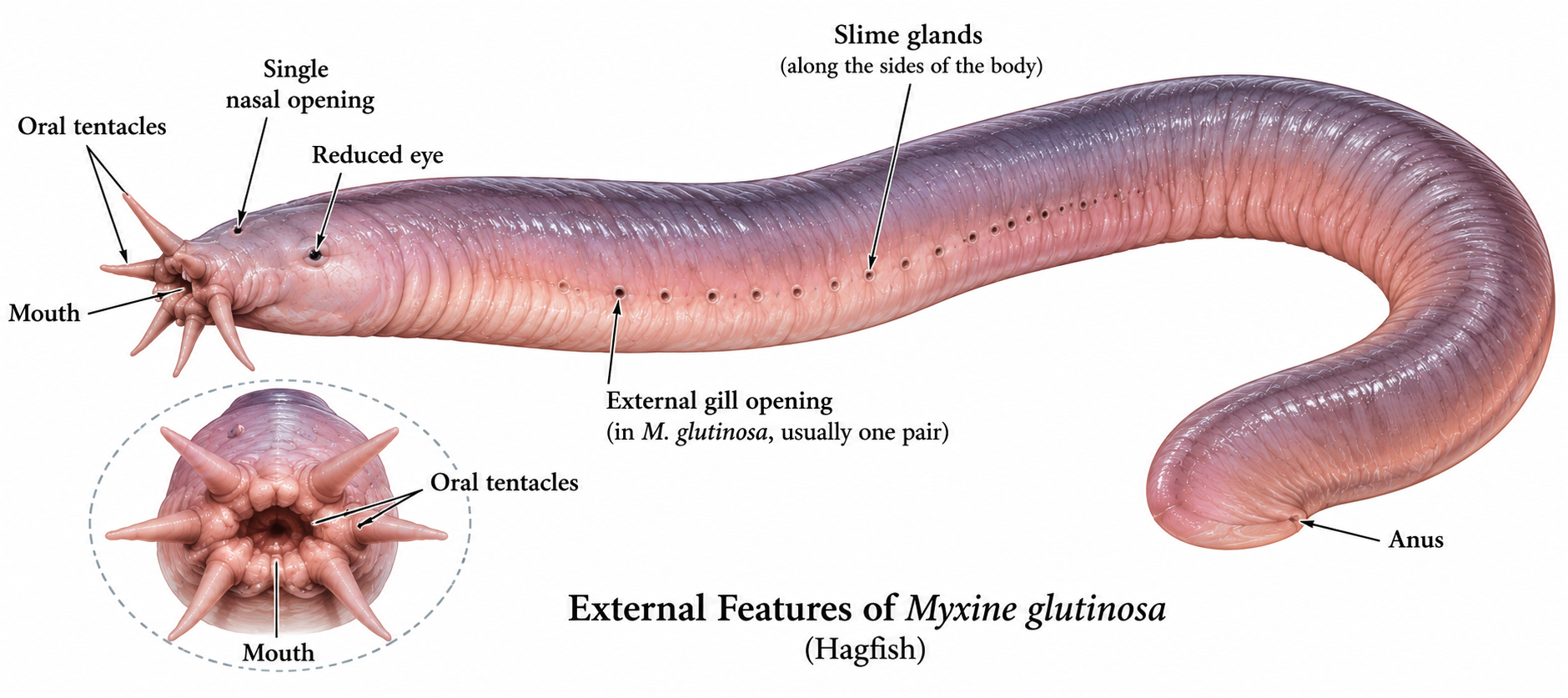 Myxine Classification: Hagfish Features & Identification | Zoologyverse External features of Myxine glutinosa showing hagfish characteristics, oral tentacles, single nasal opening, reduced eye, slime glands, gill opening, and anus