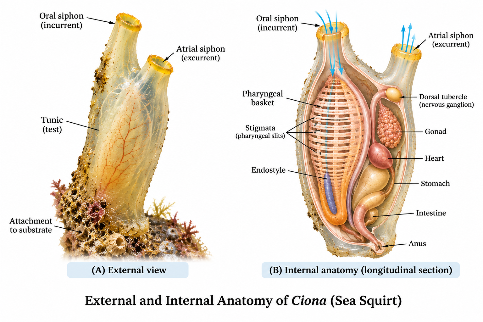 Ciona (Sea Squirt): Classification & Characteristics | Zoologyverse Ciona – labeled external and internal anatomy showing tunic, oral siphon, atrial siphon, pharyngeal basket, stigmata, endostyle, gonad, heart, stomach, intestine and anus