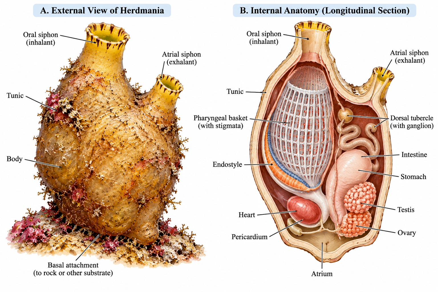 Herdmania – labeled external and internal anatomy showing tunic, oral siphon, atrial siphon, pharyngeal basket, stigmata, endostyle, heart, digestive tract, gonads and atrium Physical Characteristics of Herdmania