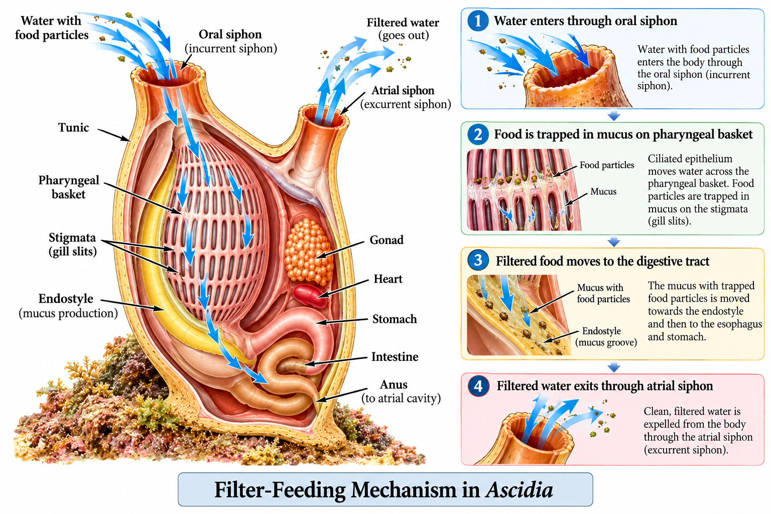 Ascidia (Sea Squirt): Classification & Facts | Zoologyverse Siphons in Ascidia – filter-feeding mechanism showing oral siphon, pharyngeal basket, stigmata, endostyle, mucus, food particles and atrial siphon