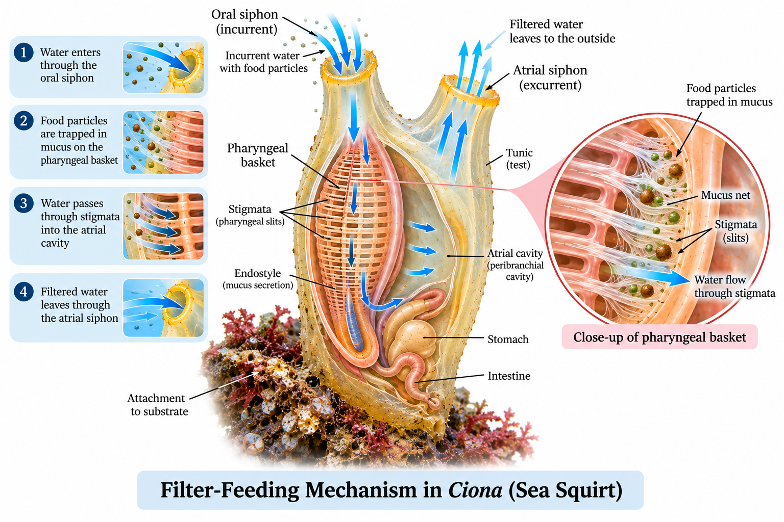 Ciona (Sea Squirt): Classification & Characteristics | Zoologyverse Ciona – filter-feeding mechanism showing oral siphon, pharyngeal basket, stigmata, mucus, endostyle, atrial cavity and atrial siphon