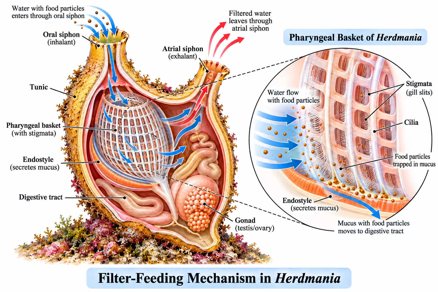 Herdmania – filter-feeding mechanism showing oral siphon, pharyngeal basket, stigmata, endostyle, mucus, food particles and atrial siphon