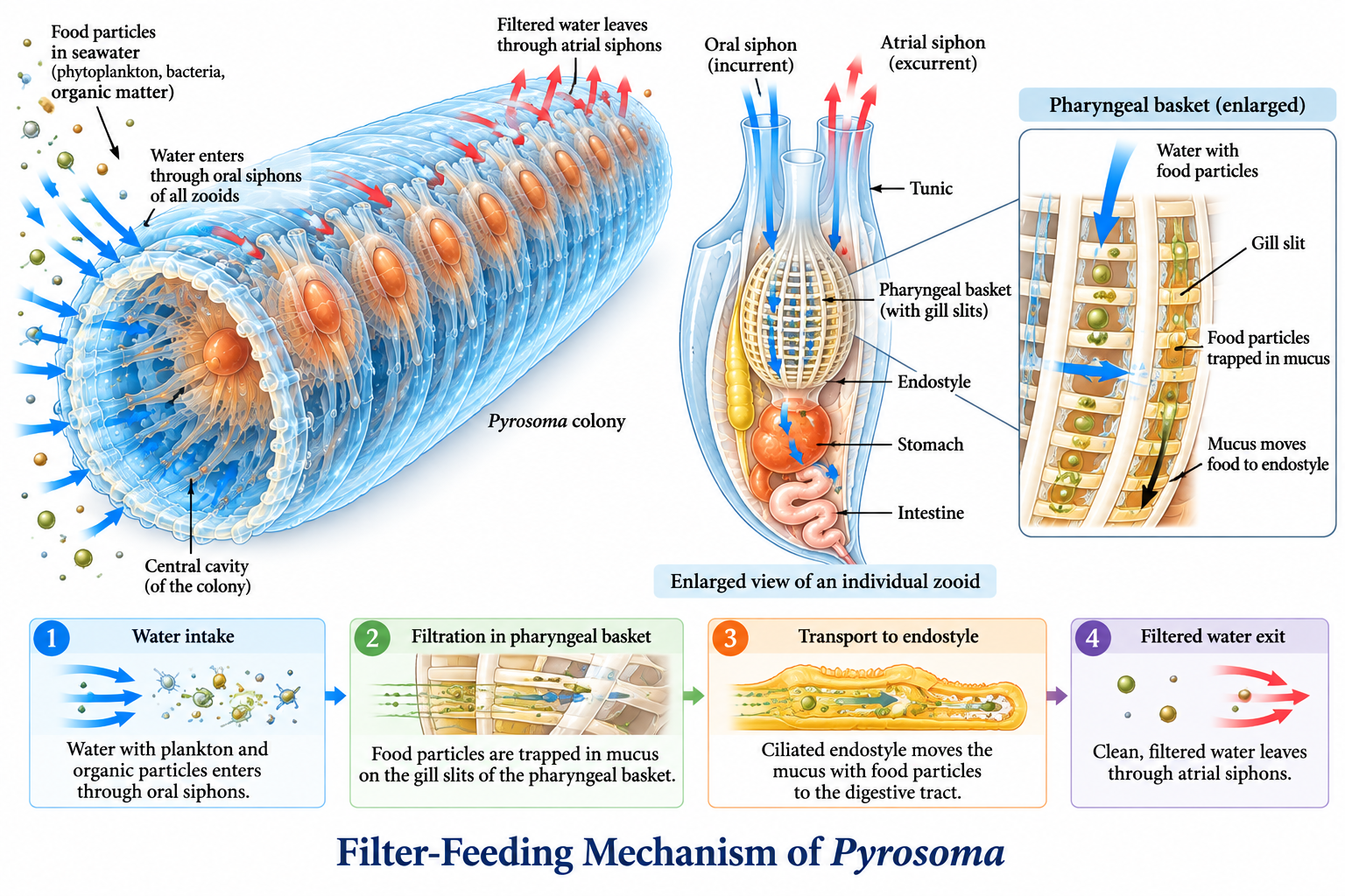 Pyrosoma (Fire Body): Classification & Facts | Zoologyverse Pyrosoma – filter-feeding mechanism showing oral siphons, pharyngeal basket, endostyle, food particles, water flow and atrial siphons
