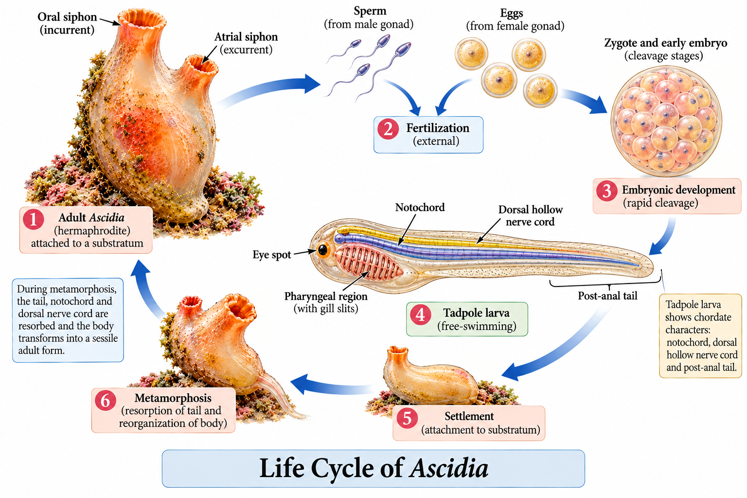Ascidia (Sea Squirt): Classification & Facts | Zoologyverse Ascidia classification – life cycle showing adult, fertilization, embryo, tadpole larva, settlement and metamorphosis