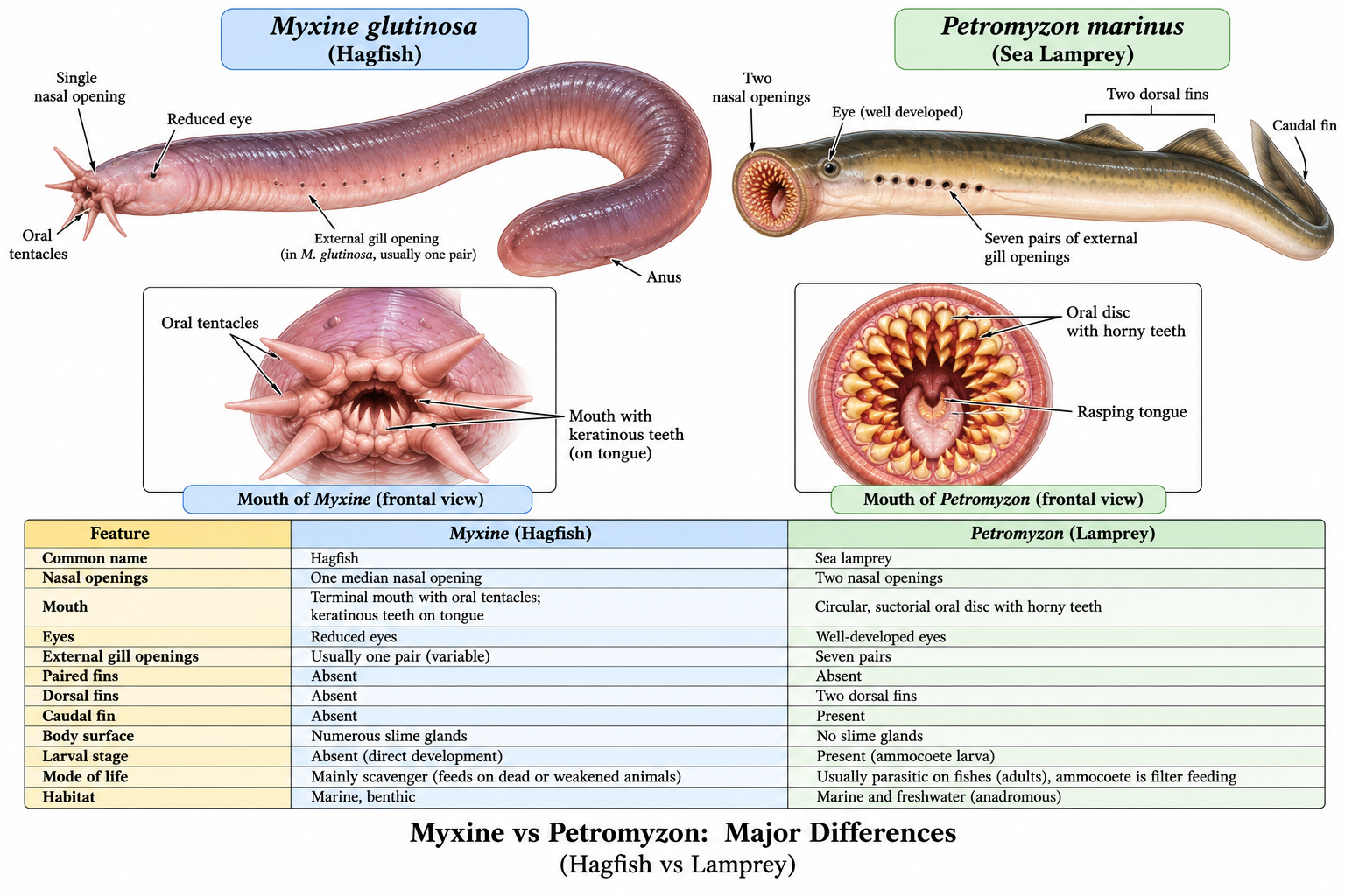Myxine Classification: Hagfish Features & Identification | Zoologyverse Myxine vs Petromyzon comparison showing hagfish and lamprey differences in mouth, eyes, nasal opening, gill openings, fins, slime glands, larval stage, habitat, and feeding