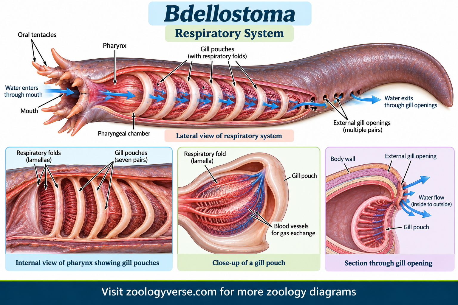 Bdellostoma Classification: Hagfish Features & Identification | Zoologyverse Respiratory system of Bdellostoma showing the pharynx, multiple gill pouches, respiratory folds, external gill openings, and direction of water flow.
