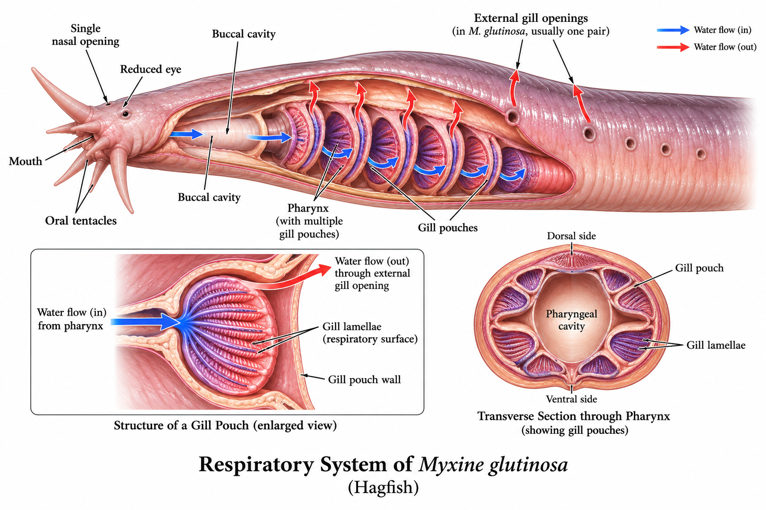 Myxine Classification: Hagfish Features & Identification | Zoologyverse Respiratory system of Myxine glutinosa showing hagfish gill pouches, pharynx, external gill openings, gill lamellae, and water flow