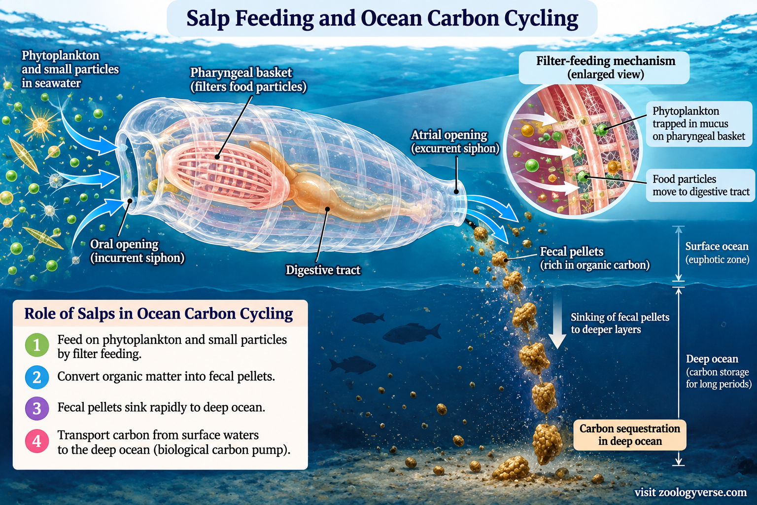 Salpa classification – salp filter feeding on phytoplankton and producing fecal pellets that transport organic carbon into deeper ocean waters