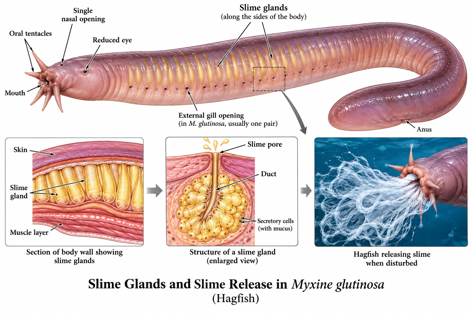 Myxine Classification: Hagfish Features & Identification | Zoologyverse Slime glands of Myxine glutinosa showing hagfish slime pores, slime glands, secretory cells, ducts, and slime release