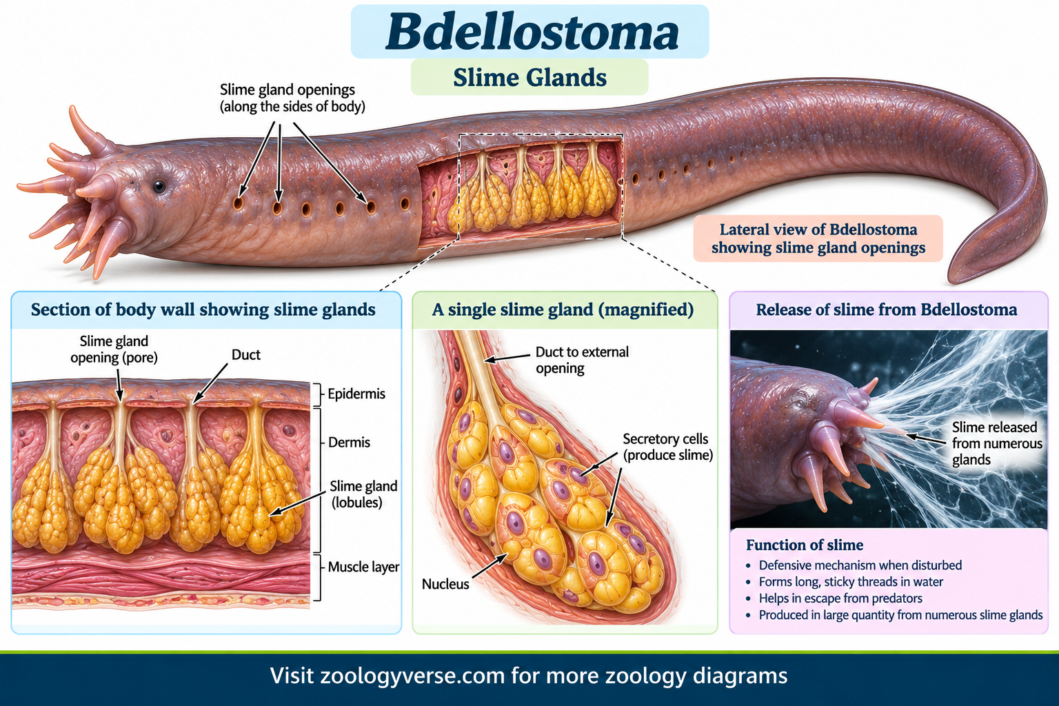 Bdellostoma Classification: Hagfish Features & Identification | Zoologyverse Slime glands of Bdellostoma showing characteristics of Bdellostoma, identification of Bdellostoma, slime gland openings, slime gland lobules, ducts, secretory cells, and slime release