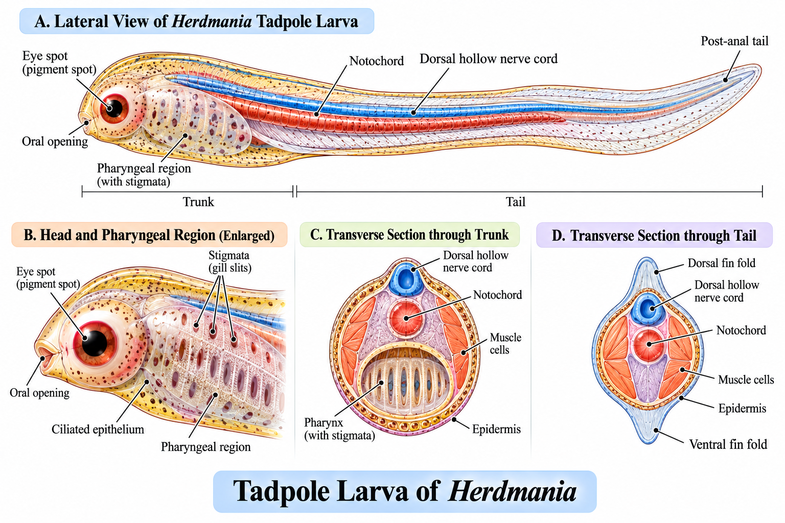 Herdmania – tadpole larva showing notochord, dorsal hollow nerve cord, pharyngeal region, stigmata, eye spot, trunk and post-anal tail
