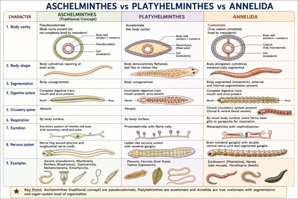 Phylum Aschelminthes: Characteristics, Classification, Examples & Importance | Zoologyverse diagram of traditional Aschelminthes, Platyhelminthes and Annelida showing differences in body cavity, body shape, segmentation, digestive system, circulatory system and representative examples.