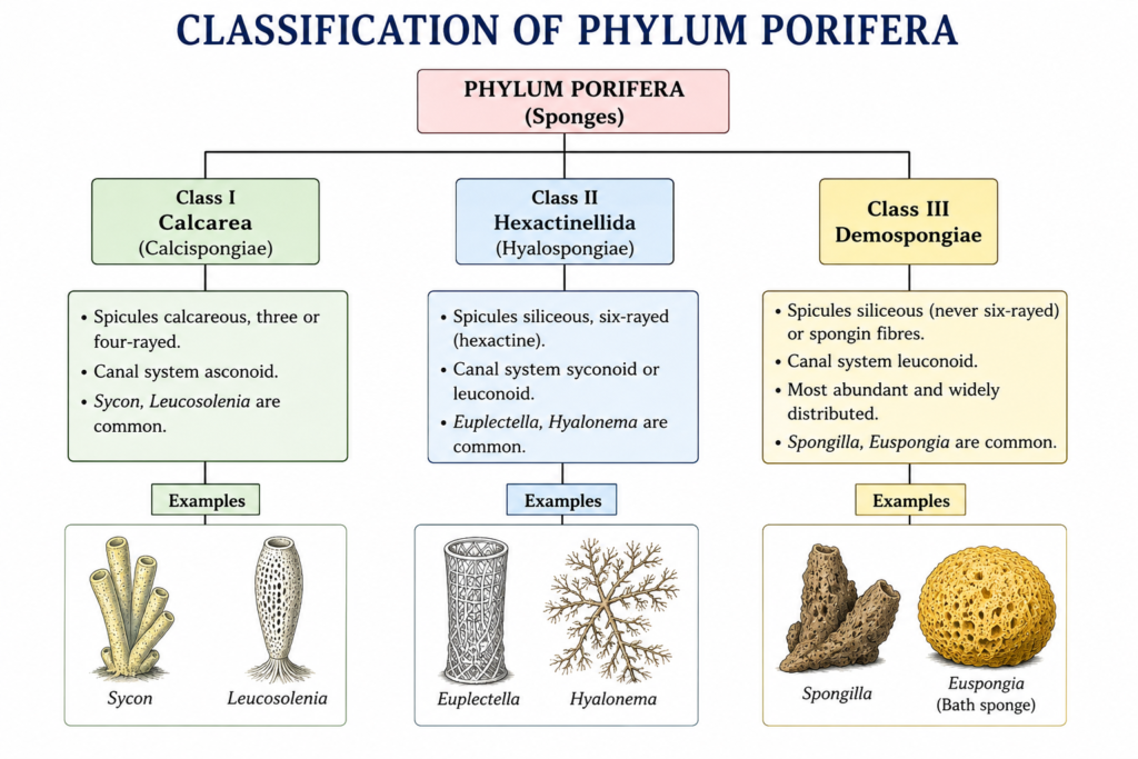 Phylum Porifera: Characteristics, Classification, Examples & Diagram | Zoologyverse diagram of Phylum Porifera showing the three major classes Calcarea, Hexactinellida, and Demospongiae with their characteristic features and examples.