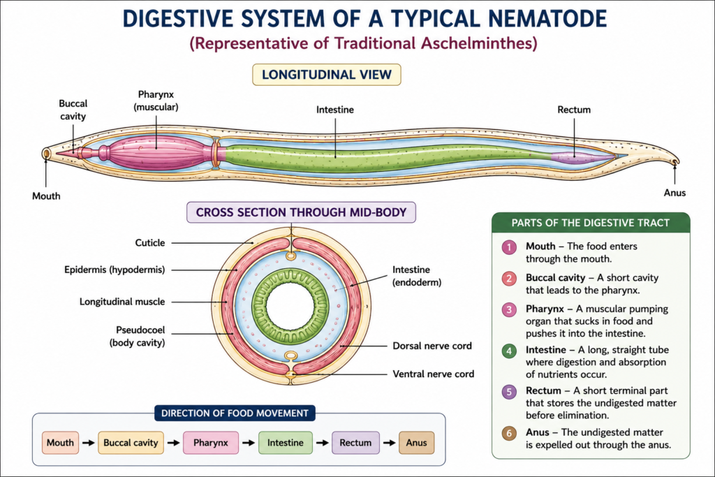 Phylum Aschelminthes: Characteristics, Classification, Examples & Importance | Zoologyverse diagram showing the complete digestive system of a typical nematode, including mouth, buccal cavity, pharynx, intestine, rectum and anus.