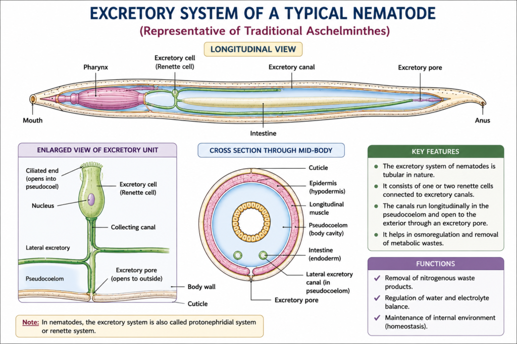 Phylum Aschelminthes: Characteristics, Classification, Examples & Importance | Zoologyverse diagram showing the excretory system of a typical nematode, including renette cell, excretory canals, excretory pore, pseudocoelom and surrounding body structures.