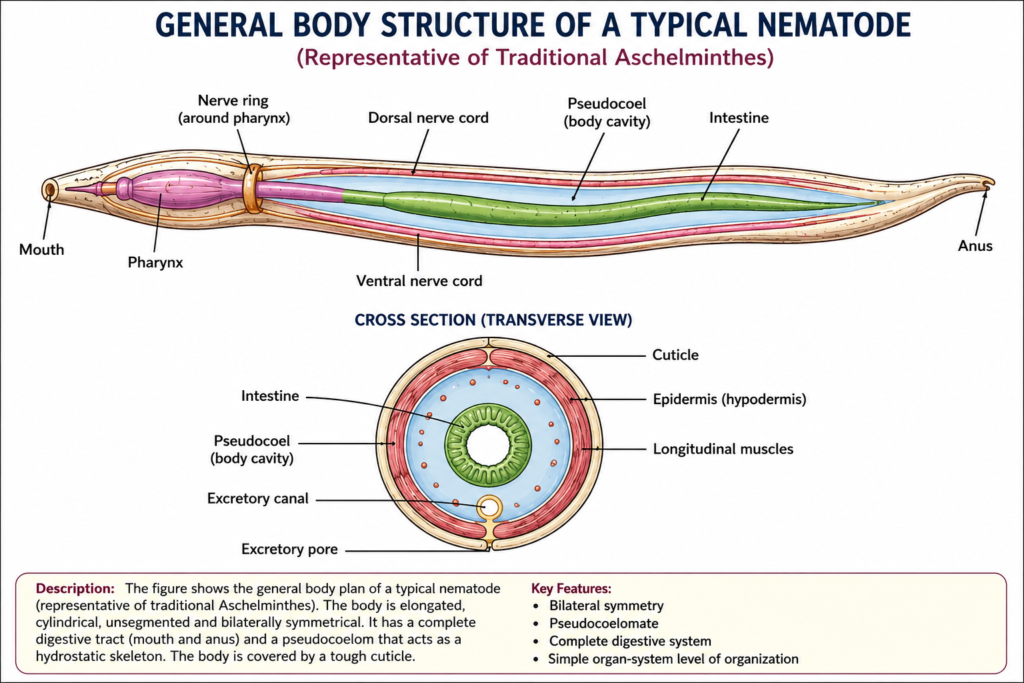 Phylum Aschelminthes: Characteristics, Classification, Examples & Importance | Zoologyverse Diagram showing the longitudinal and transverse body structure of a typical nematode, including mouth, pharynx, nerve ring, nerve cords, pseudocoel, intestine, anus, cuticle, muscles, and excretory canal.