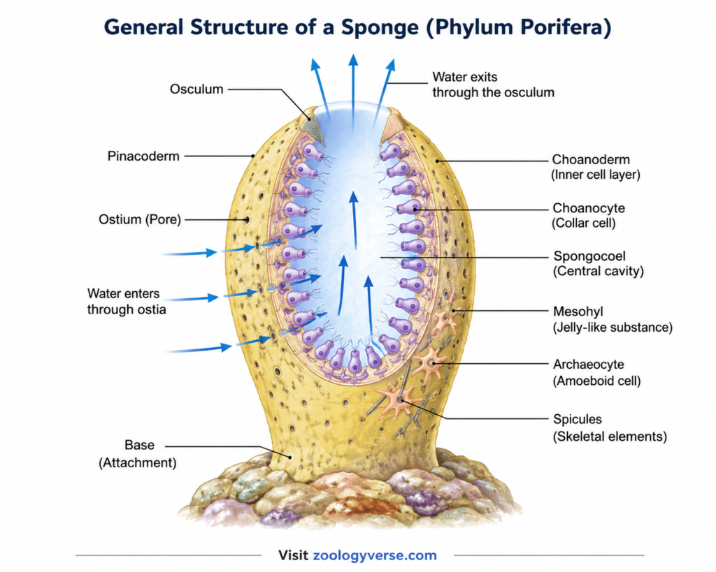 Phylum Porifera: Characteristics, Classification, Examples & Diagram | Zoologyverse diagram showing the general body structure of a sponge in Phylum Porifera, including ostia, incurrent canals, choanocytes, spongocoel, mesohyl, and osculum.
