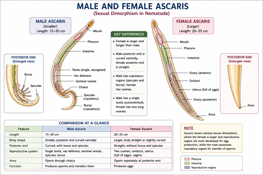 Phylum Aschelminthes: Characteristics, Classification, Examples & Importance | Zoologyverse diagram comparing male and female Ascaris, showing differences in body size, shape and posterior end, with major internal and external structures labeled.