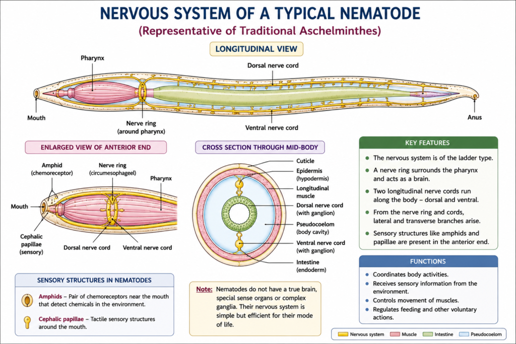 Phylum Aschelminthes: Characteristics, Classification, Examples & Importance | Zoologyverse diagram showing the nervous system of a typical nematode, including the nerve ring, dorsal and ventral nerve cords, sensory structures, ganglia and pharynx.