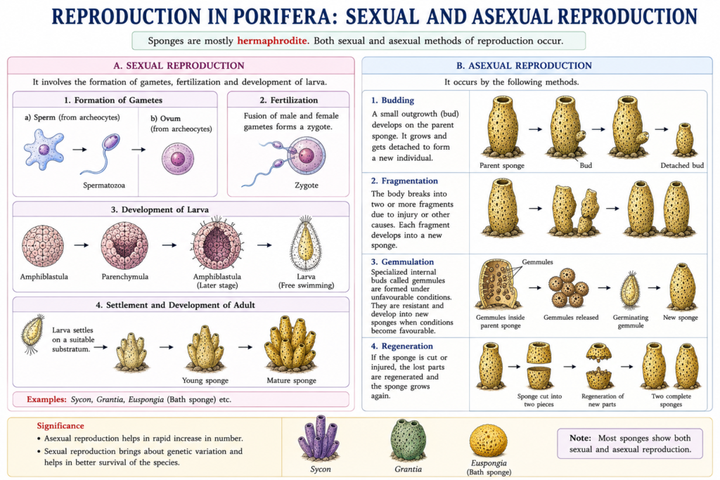 Phylum Porifera: Characteristics, Classification, Examples & Diagram | Zoologyverse diagram showing sexual and asexual reproduction in Porifera, including gamete formation, fertilization, larval development, budding, fragmentation, gemmulation, and regeneration.