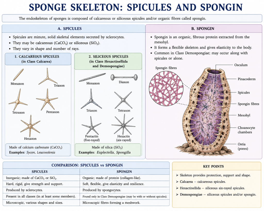 Phylum Porifera: Characteristics, Classification, Examples & Diagram | Zoologyverse diagram showing the sponge skeleton with calcareous and siliceous spicules, spongin fibers, and their distribution in Phylum Porifera.