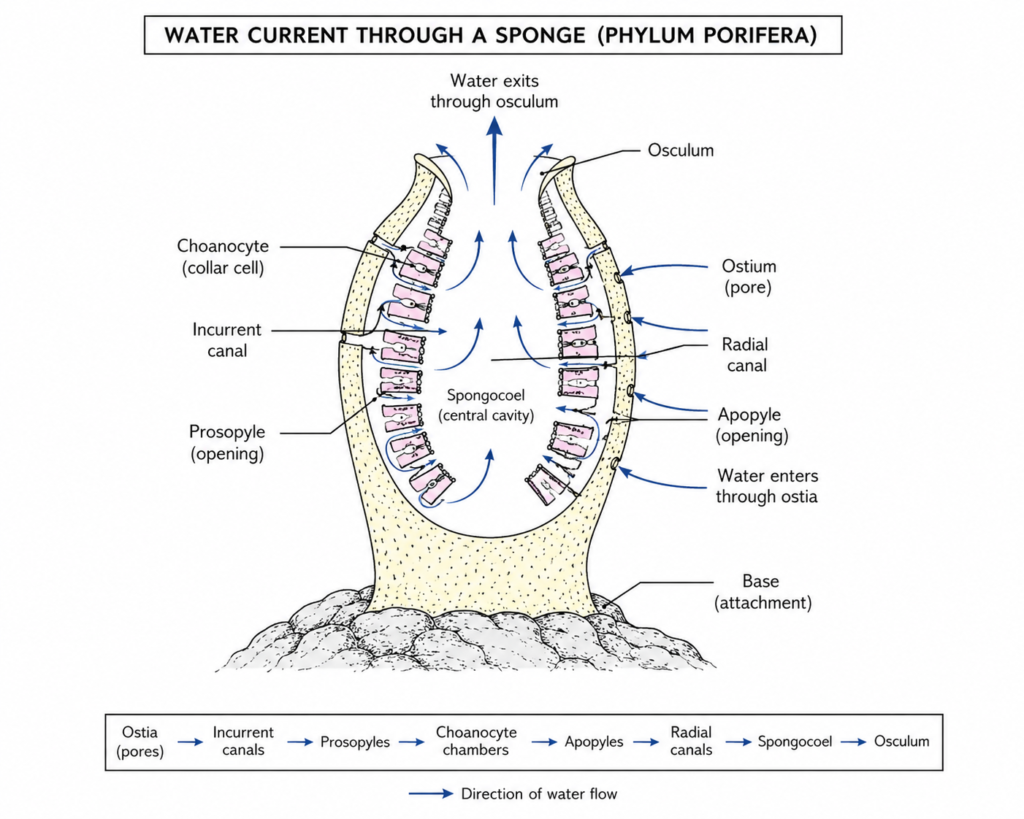 Phylum Porifera: Characteristics, Classification, Examples & Diagram | Zoologyverse labeled diagram showing the water current pathway in a sponge, with water entering through ostia, passing through the canal system and choanocyte-lined chambers, and leaving through the osculum.