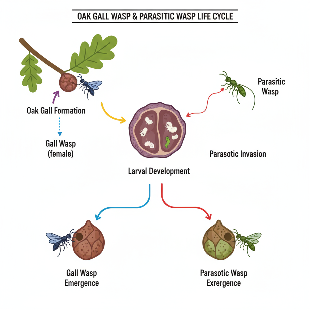 Lifecycle infographic: Illustrate the relationships between oak gall wasps, the formation of galls, and how parasitic wasps invade these galls to reproduce.

