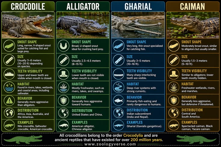 Crocodile vs Alligator vs Gharial vs Caiman _ Key Differences Explained (Snout, Size, Habitat)