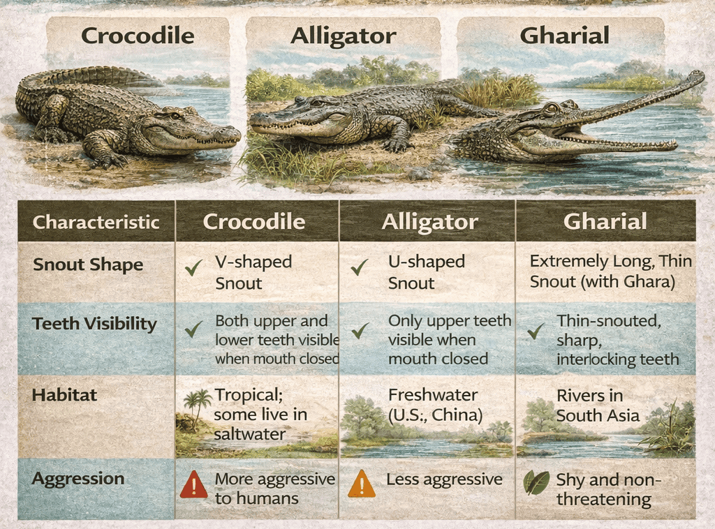 Crocodile vs alligator vs gharial