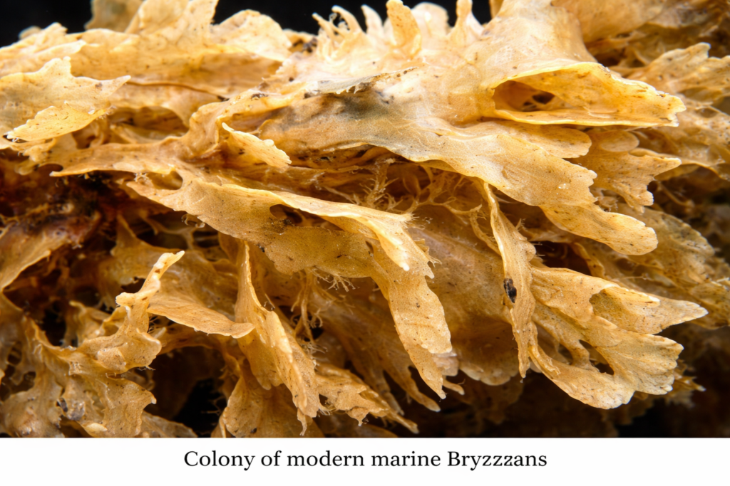 Golden marine bryozoan colony close-up ectoprocta