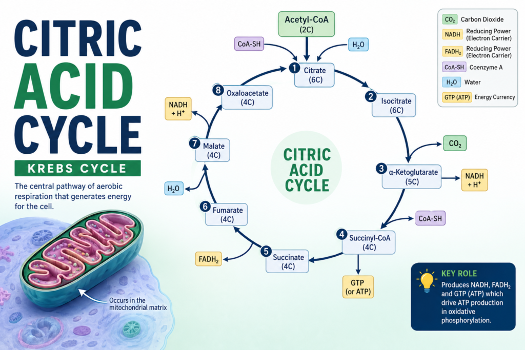 Citric Acid Cycle: 8 Steps, Diagram & Energy Yield Explained | Zoologyverse Citric Acid Cycle: Steps, Diagram & Energy Yield Explained