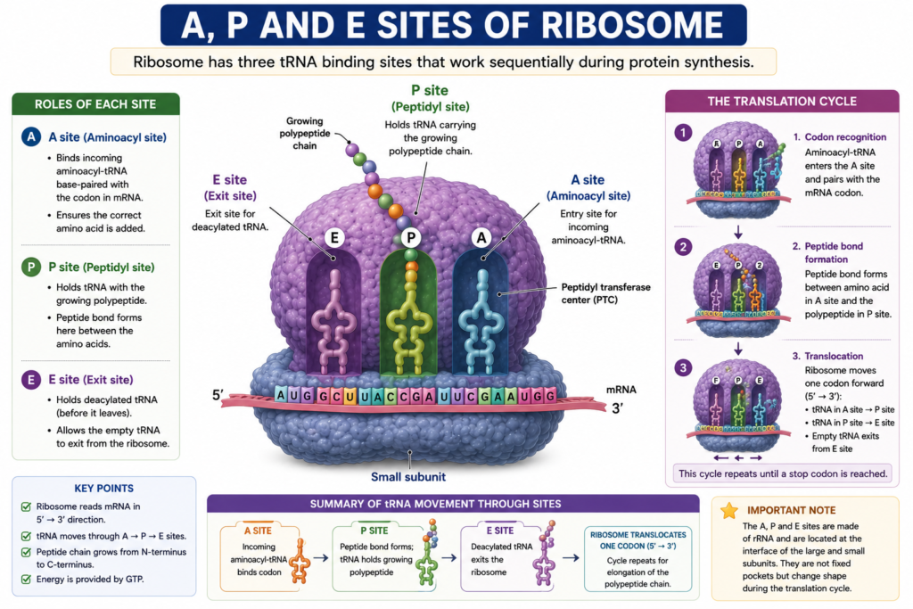 Labeled diagram showing A site, P site, and E site of a ribosome during protein synthesis