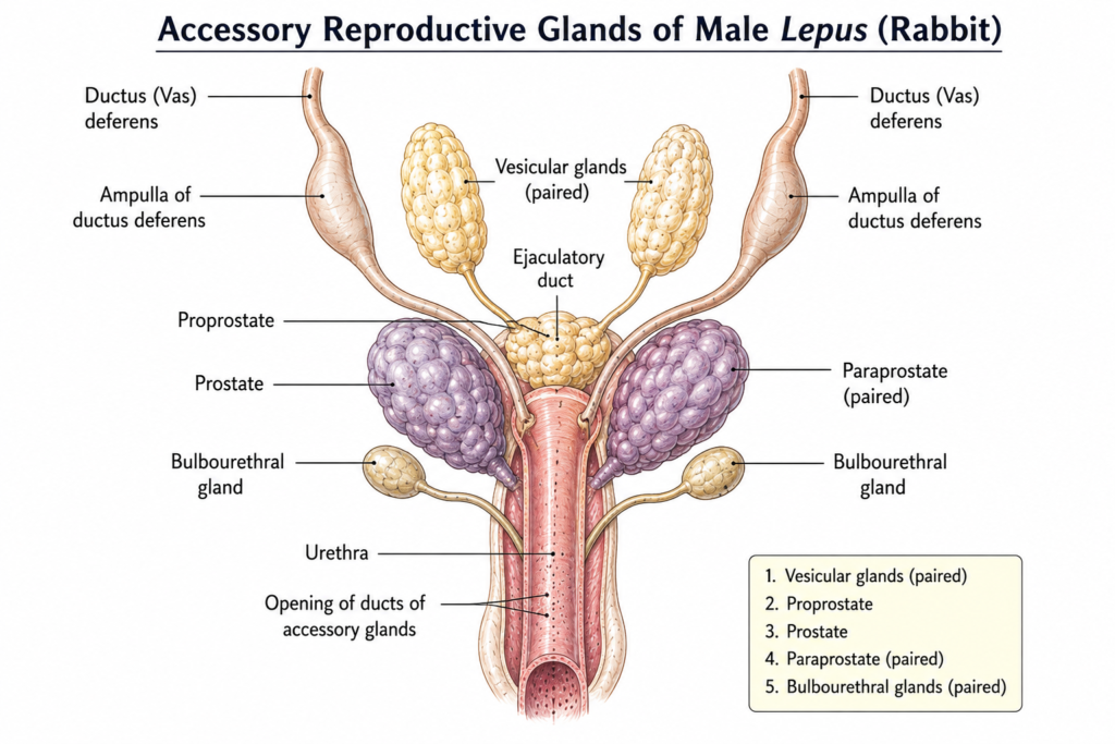 Structure of Male Reproductive System of Lepus | Zoologyverse diagram showing the accessory reproductive glands of male Lepus, including vesicular glands, proprostate, prostate, paraprostates, bulbourethral glands, and urethra