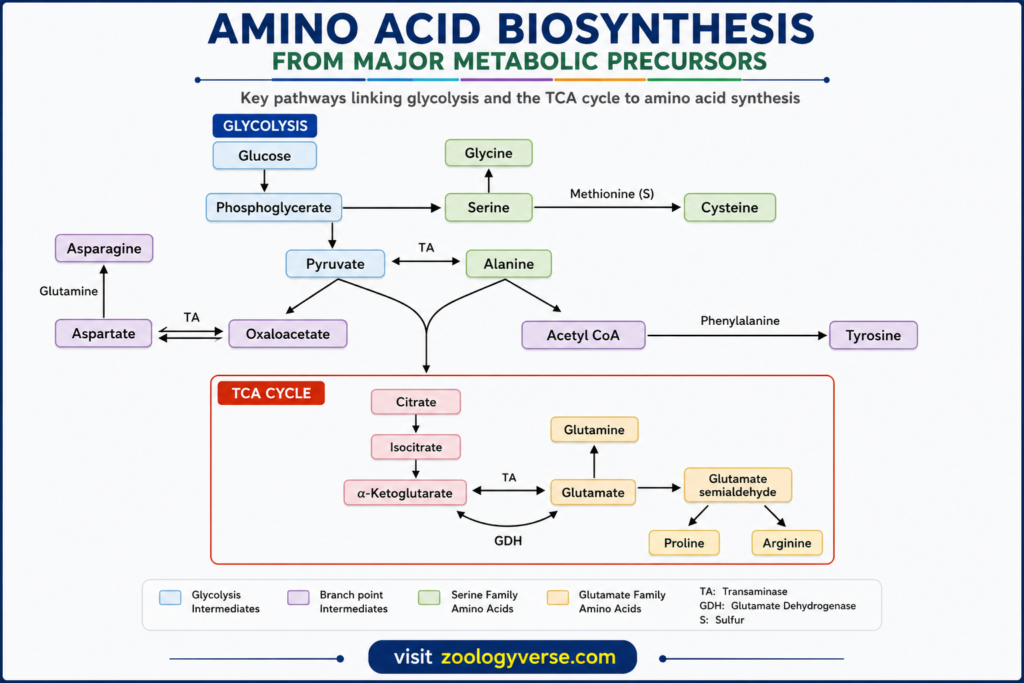 Amino Acid Biosynthesis: Pathways, Precursors and Synthesis | Zoologyverse Diagram showing amino acid biosynthesis from glycolysis and the TCA cycle, including serine, glycine, cysteine, alanine, aspartate, asparagine, glutamate, glutamine, proline, arginine, and tyrosine