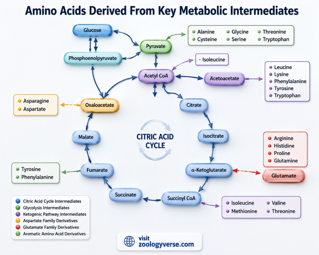 Amino Acid Biosynthesis: Pathways, Precursors and Synthesis | Zoologyverse Diagram showing amino acids derived from glycolysis and citric acid cycle intermediates, including pyruvate, oxaloacetate, α-ketoglutarate, acetyl-CoA, fumarate, and succinyl-CoA