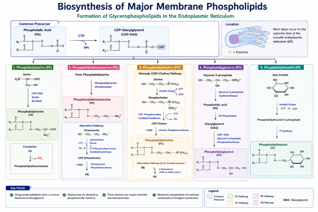 Lipid Biosynthesis: Fatty Acid, Cholesterol and Membrane Lipid Synthesis | Zoologyverse Membrane phospholipid biosynthesis showing phosphatidylserine, phosphatidylethanolamine, phosphatidylcholine and phosphatidylglycerol pathways