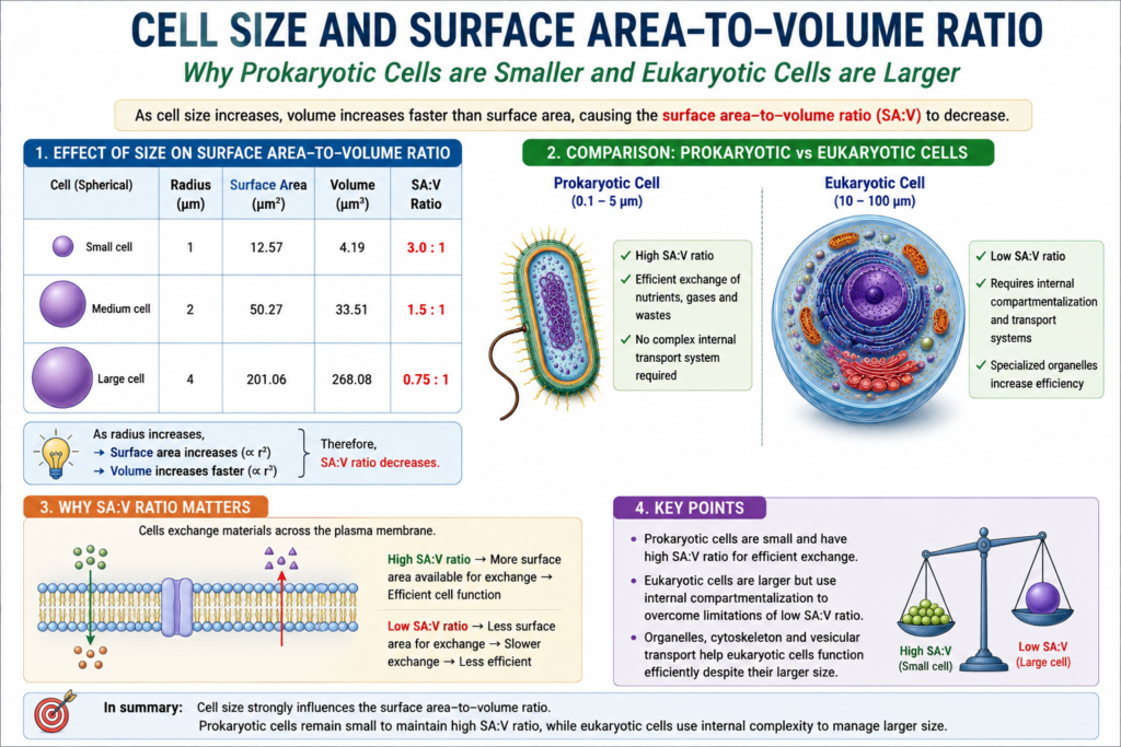 Diagram explaining the relationship between cell size and surface area-to-volume ratio in prokaryotic and eukaryotic cells