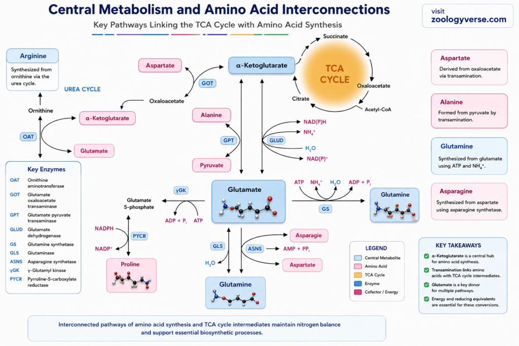 Amino Acid Biosynthesis: Pathways, Precursors and Synthesis | Zoologyverse Diagram showing connections between the TCA cycle, glutamate metabolism, and amino acid synthesis including arginine, aspartate, alanine, glutamine, asparagine, and proline