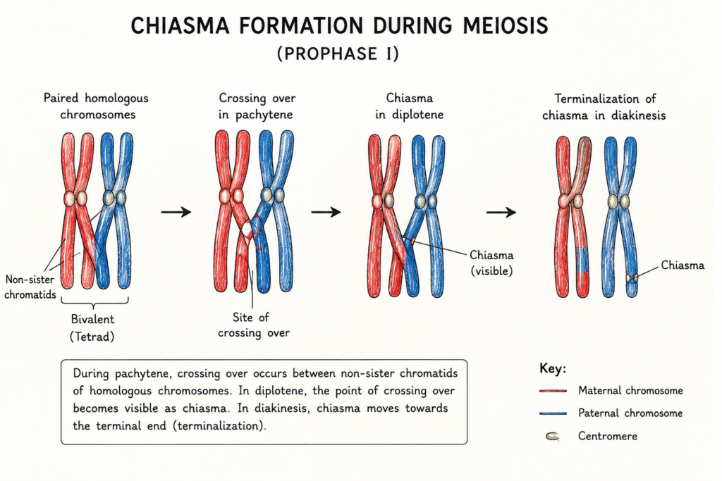 Meiosis: Stages, Process, Crossing Over and Significance | Zoologyverse diagram showing crossing over during Pachytene, visible chiasmata during Diplotene, and chiasma terminalization during Diakinesis.