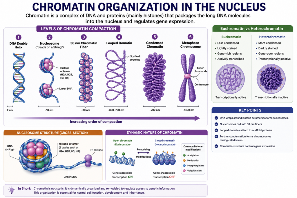 Nucleus – Structure and Functions | Zoologyverse Diagram showing DNA wrapping around histones to form nucleosomes, chromatin fibers, and condensed chromosomes, with euchromatin and heterochromatin comparison