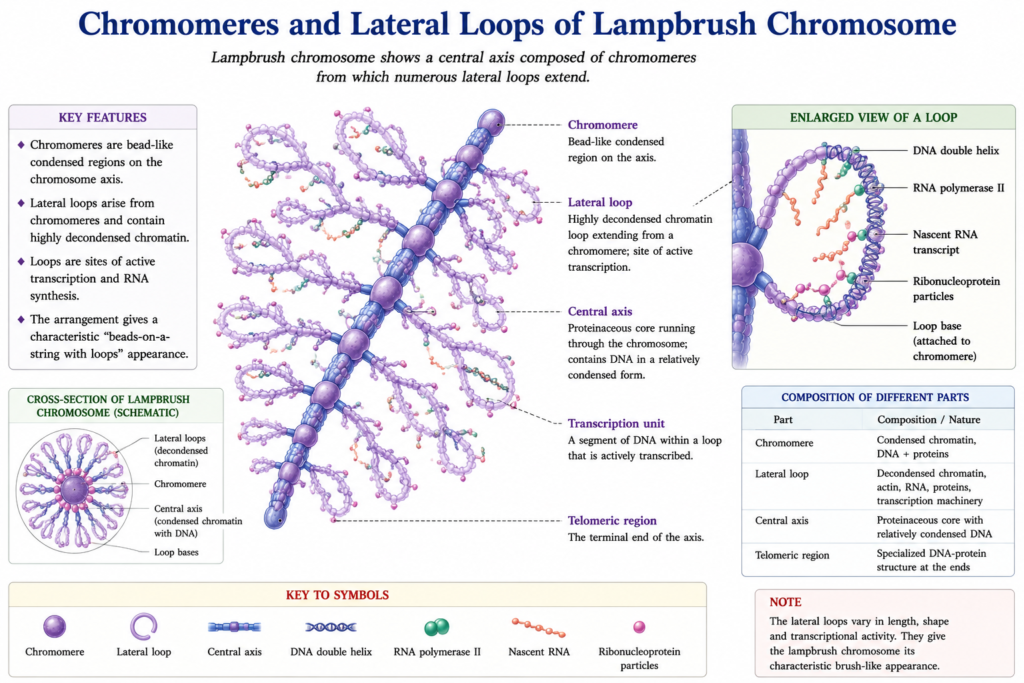 Lampbrush Chromosome: Structure, Formation, Functions and Significance | Zoologyverse Detailed textbook diagram showing chromomeres, central axis, lateral loops, transcription units, RNA polymerase II, and nascent RNA of a lampbrush chromosome