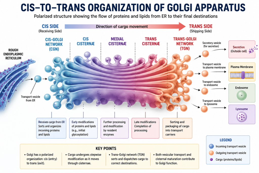 Structure and Functions of Golgi Body | Zoologyverse Educational diagram showing the cis-to-trans organization of the Golgi apparatus, including the cis-Golgi network, cis cisternae, medial cisternae, trans cisternae, trans-Golgi network, ER-derived transport vesicles, and cargo destinations.