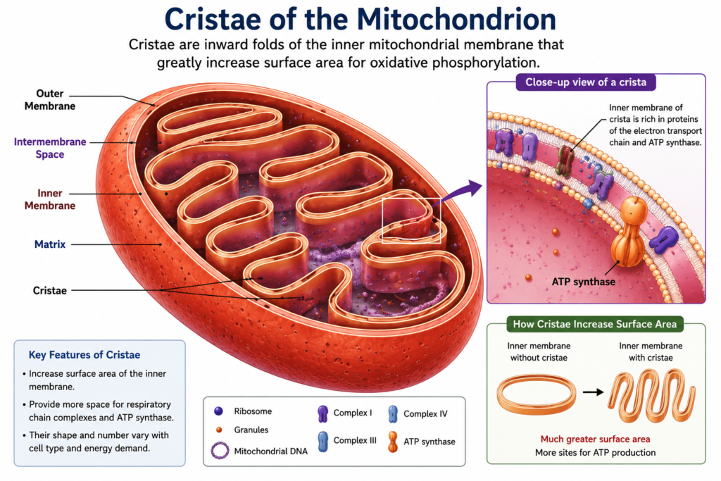 Detailed diagram showing the folded cristae of the inner mitochondrial membrane and their role in increasing surface area for oxidative phosphorylation