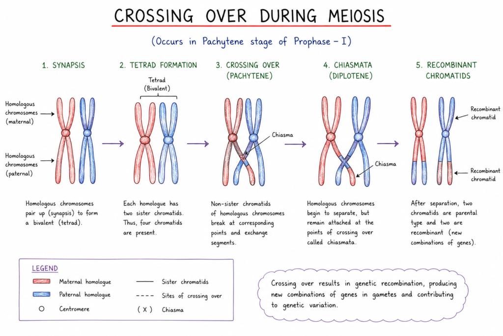 diagram showing crossing over between non-sister chromatids of homologous chromosomes during pachytene of Prophase I, including synapsis, chiasma formation, and recombinant chromatids.