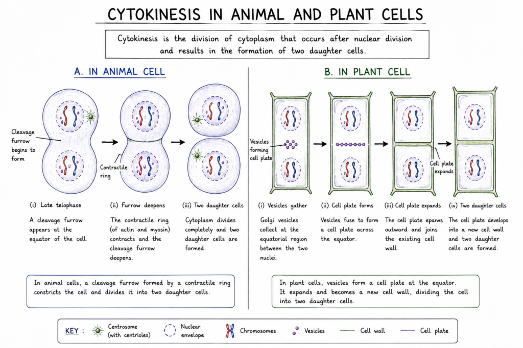 Mitosis: Stages, Process, Significance and Importance | Zoologyverse diagram comparing cytokinesis in animal and plant cells, showing cleavage furrow formation in animals and cell plate formation in plants.