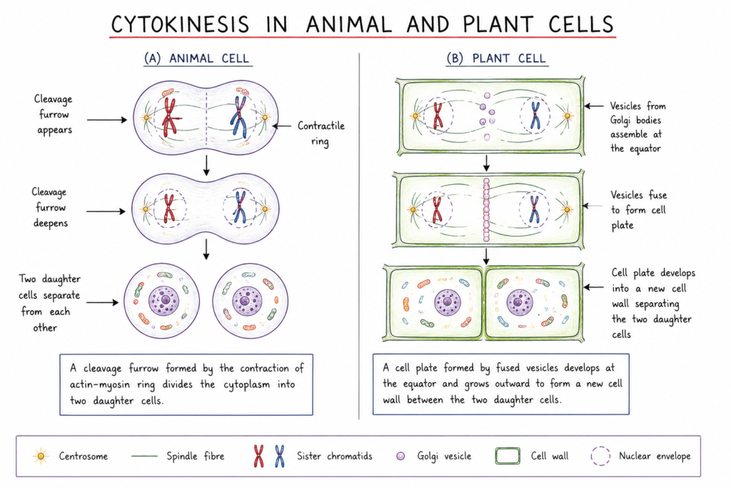 diagram comparing cytokinesis in animal and plant cells, showing cleavage furrow formation in animal cells and cell plate formation in plant cells.