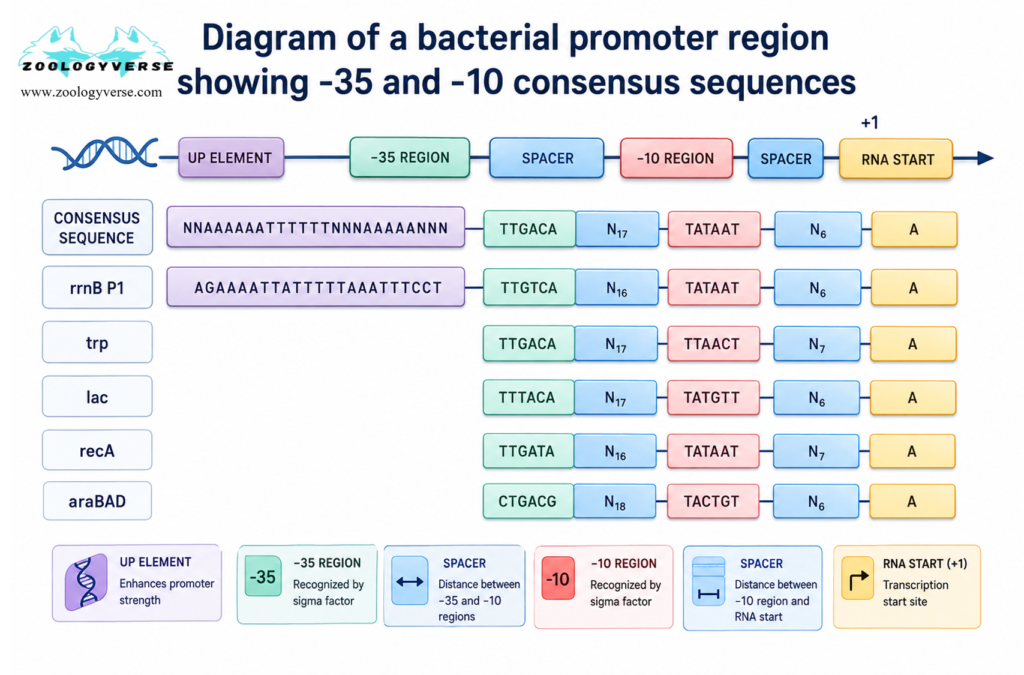 RNA Synthesis Explained: Transcription Steps & Diagram | Zoologyverse Diagram of a bacterial promoter region showing -35 and -10 consensus sequences