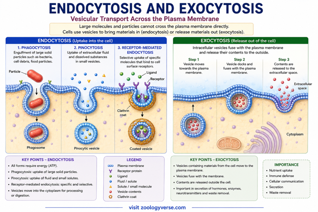 Structure and Functions of Plasma Membrane – Components, Fluid Mosaic Model and Functions | Zoologyverse Labeled diagram showing phagocytosis, pinocytosis, receptor-mediated endocytosis and exocytosis as vesicular transport mechanisms across the plasma membrane.