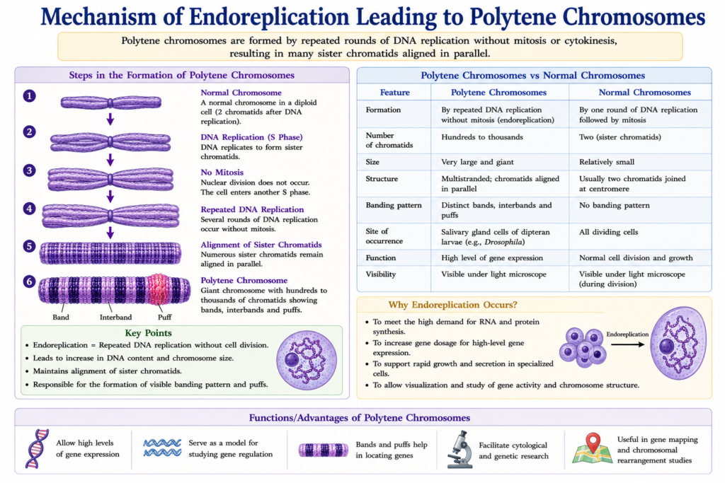 Polytene Chromosomes: Structure, Formation, Functions and Significance | Zoologyverse diagram showing repeated DNA replication without mitosis leading to the formation of a giant polytene chromosome with aligned chromatids, bands, interbands, and a puff